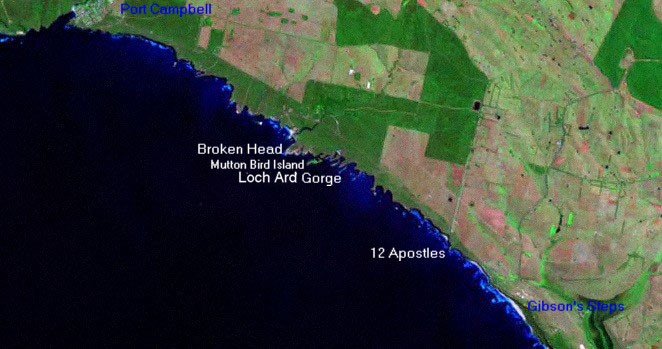 Great Ocean Road Satellite Inage Gibson Steps to Port Campbell including Twelve Apostles and Loch Ard Gorge